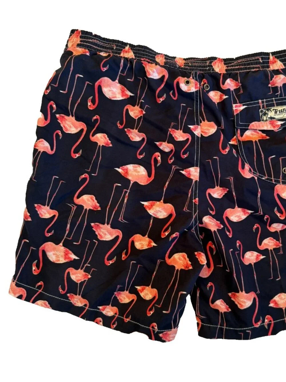 TRUNKS SURF & SWIM FLAMINGO PRINT NAVY BLUE PINK LINED SHORTS MENS SIZE XL